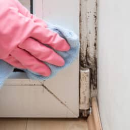 Close-up shot of a person wearing gloves cleaning up mold.
